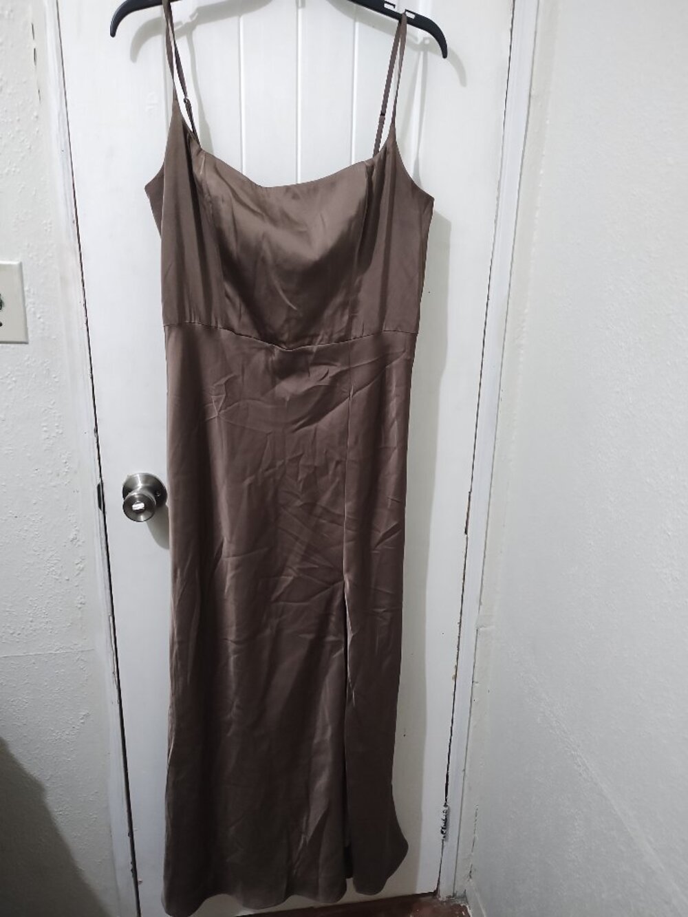 Birdy Grey Taupe Satin Corset Back Slit Maxi Dress Bridal Wedding Formal Evening